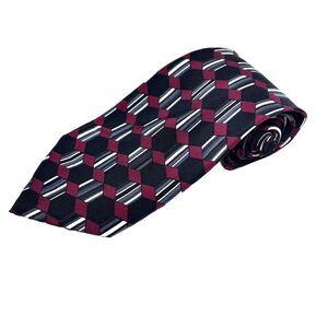 Charleston Tie Rack 100% Silk Black Burgundy Geometric Length 58" Width 3-7/8"‎